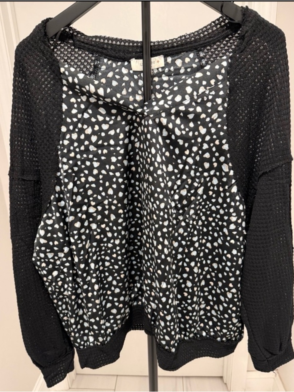 Umgee Black Waffle Knit Top with White Spot Heart Print Blouse